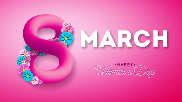 8 martie. Felicitări Happy Womens Day. International Holiday Illustration with Shiny 3d Eight on Pink Background. Vector șablon . — Vector de stoc