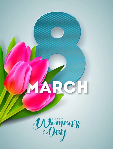 Ευτυχισμένη ημέρα Womens εικονογράφηση με τουλιπών ανθοδέσμη και 8 Μαρτίου τυπογραφία επιστολή σε μπλε φόντο. Πρότυπο σχεδίασης λουλούδι άνοιξη διάνυσμα για ευχετήρια κάρτα. — Διανυσματικό Αρχείο