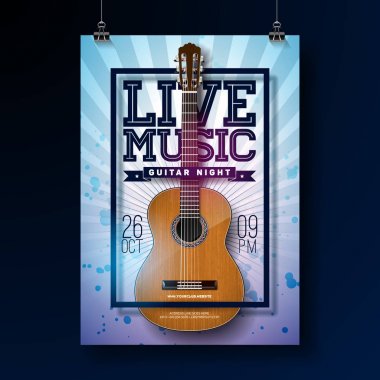 Grunge arka planında akustik gitar olan canlı müzik broşürü tasarımı. Vektör illüstrasyonu.