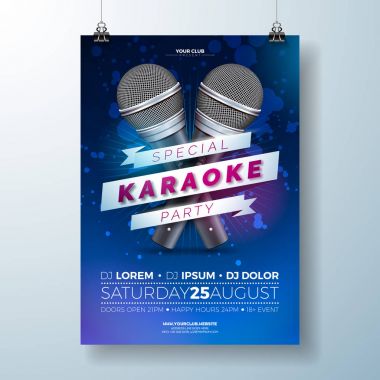 Koyu mavi arka planda mikrofon ve kurdeleli bir Karaoke Partisi teması üzerine Vektör Flyer illüstrasyonu.