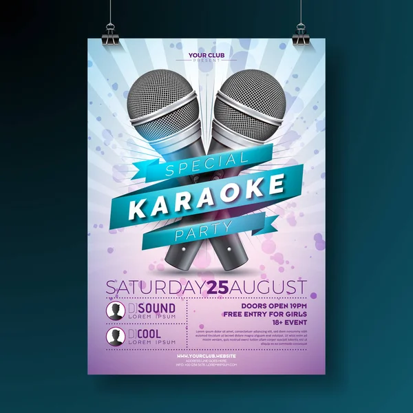 Vector Flyer Illustration zu einem Karaoke Party Thema mit Mikrofonen und Schleife auf violettem Hintergrund. — Stockvektor