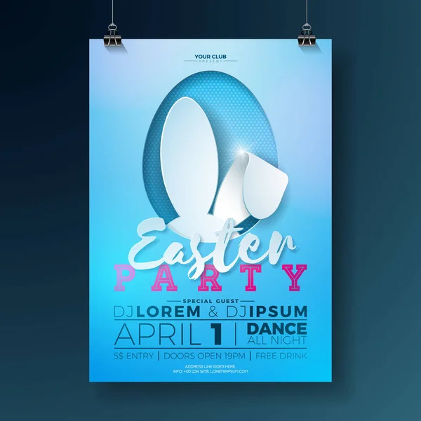 Pasen partij Flyer vectorillustratie met konijnen-oren en typografie elementen op blauwe achtergrond. Lente de ontwerpsjabloon van de poster van de viering van vakantie. — Stockvector