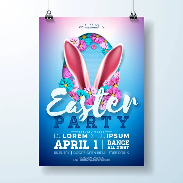 Vector Easter Party Flyer Illustratie met konijnenoren, bloemen en typografie elementen op blauwe achtergrond. Voorjaarsvakantie feest poster ontwerp sjabloon. — Stockvector