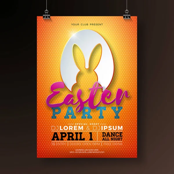 Vector Easter Party Flyer Illustratie met konijnenoren in het snijden van eiersilhouet en typografie elementen op oranje achtergrond. Voorjaarsvakantie feest poster ontwerp sjabloon. — Stockvector