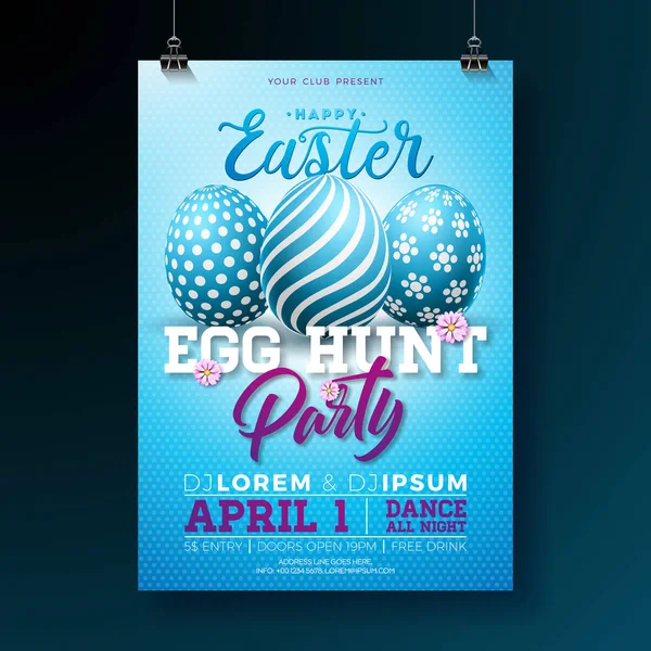 Vector Easter Party Flyer Illustratie met beschilderde eieren en typografie elementen op blauwe achtergrond. Voorjaarsvakantie feest poster ontwerp sjabloon. — Stockvector