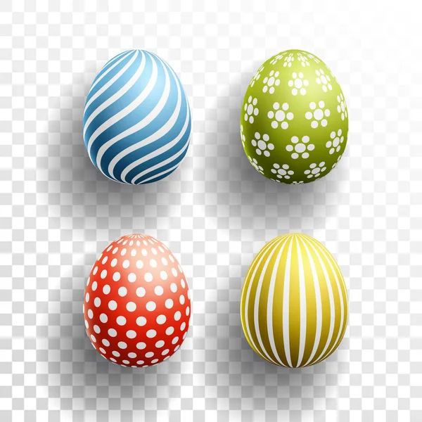 Happy Easter colored Eggs set with shadows on transparent background. Vector illustration for Spring Celebration with Easter Egg Hunt element. — Stock Vector