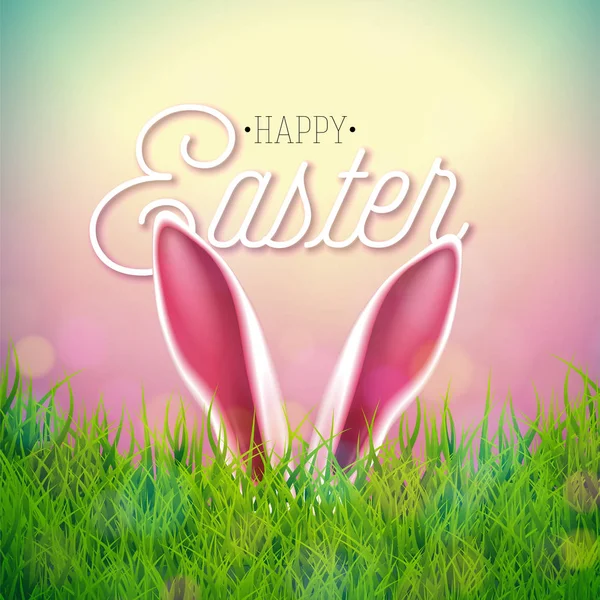 Vector Happy Easter Holiday Illustration avec des oreilles de lapin sur fond d'herbe naturelle. Conception internationale de célébration de printemps avec typographie pour carte de vœux, invitation de fête ou bannière promotionnelle. — Image vectorielle