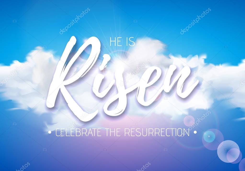Easter Holiday illustration with heavenly light and cloud on blue sky background. He is risen. Vector Christian religious design for resurrection celebrate theme.