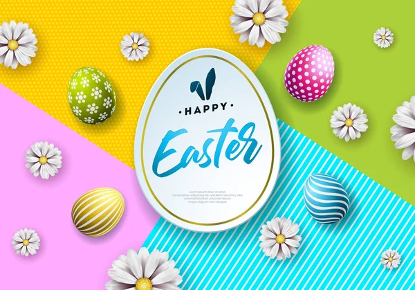 Вектор счастливого праздника Пасхи с яйцом и цветом на чистом фоне. Международный дизайн праздника с типографикой для поздравительной открытки, приглашения на вечеринку или рекламного баннера. — стоковый вектор