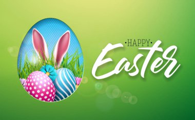 Boyalı yumurta, tavşan kulağı ve parlak yeşil zemin üzerine çiçek ile mutlu Paskalya tatil vektör Illustration. Tebrik kartı, parti için tipografi ile uluslararası bahar kutlama tasarım