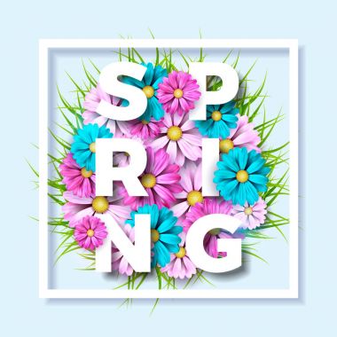 Mavi arka planda güzel renkli çiçekli bahar doğası temalı Vektör İllüstrasyonu. Daktilo harfli çiçek tasarım şablonu.