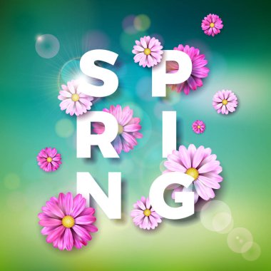 Bulanık arka planda güzel renkli çiçekli bahar doğası teması üzerine Vektör İllüstrasyonu. Daktilo harfli çiçek tasarım şablonu.