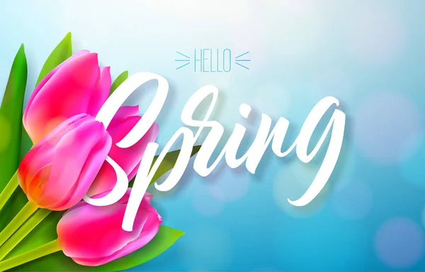 Bonjour printemps conception de la nature avec beau bouquet de fleurs de tulipe sur fond bleu brillant. Modèle vectoriel de conception florale avec lettre de typographie . — Image vectorielle