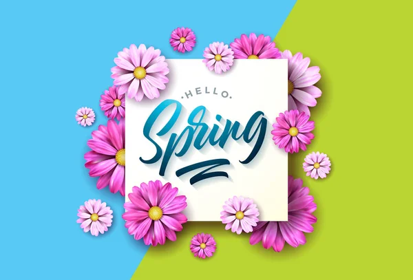 Bonjour printemps illustration de la nature avec belle fleur colorée sur fond vert et bleu. Modèle vectoriel de conception florale avec lettre de typographie. — Image vectorielle