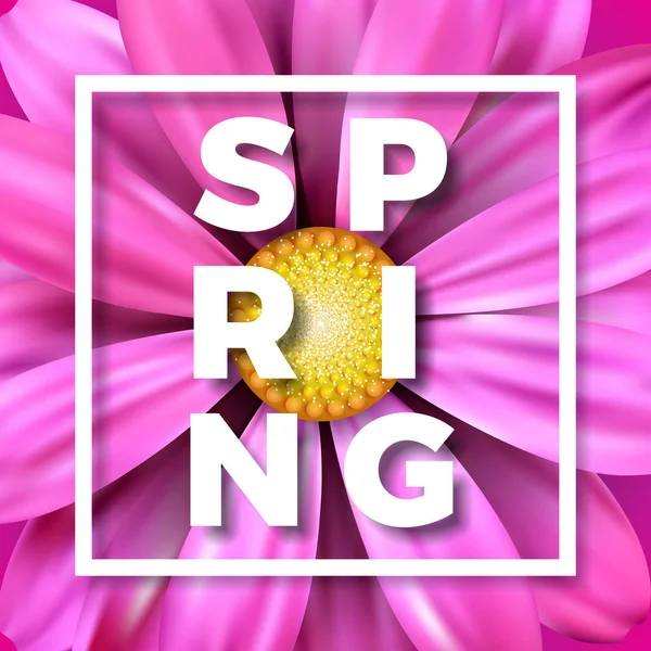 Illustration vectorielle de printemps avec belle fleur colorée sur fond rose. Modèle de conception florale avec lettre de typographie pour carte de voeux ou bannière promotionnelle. — Image vectorielle