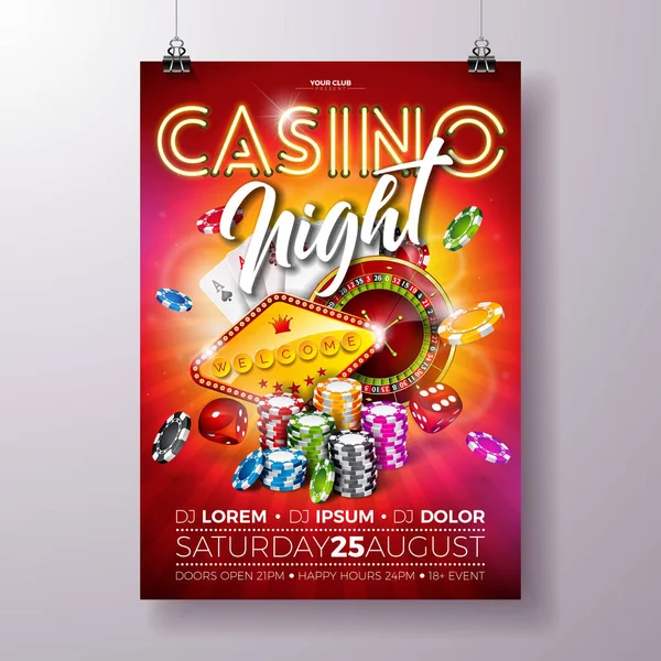 Vector Casino night flyer illustration with roulette wheel and shiny neon light lettering on red background. Luxury gambling invitation poster template design concept. — Stock Vector
