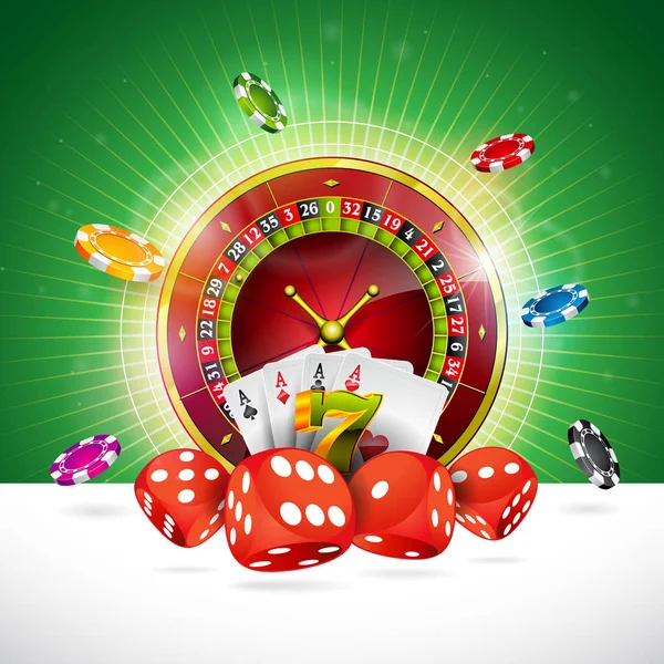 Casino Illustration avec roue de roulette et des jetons de jeu sur fond vert. Conception de jeu vectoriel pour invitation ou bannière promotionnelle avec dés. — Image vectorielle