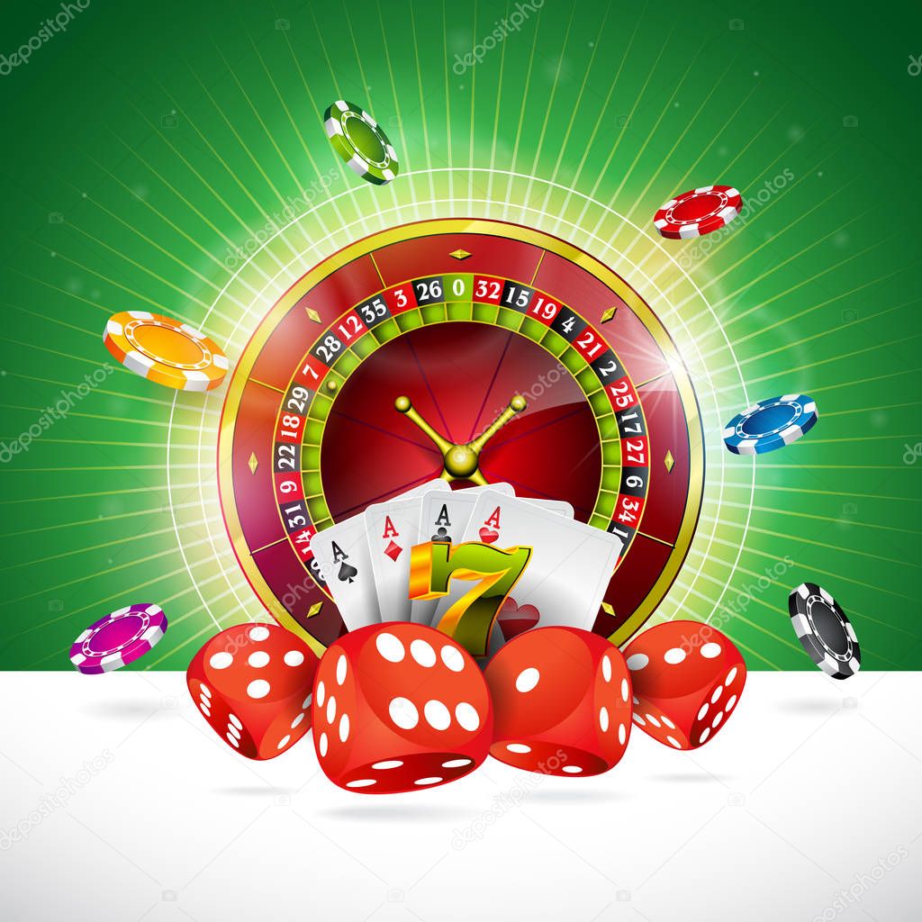 Casino Illustration with roulette wheel and playing chips on green background. Vector gambling design for invitation or promo banner with dice.