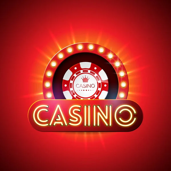 Casino ilustrace s neonovým světlým písmenem a hraním žetonů na červeném pozadí. Vektorové karban design s lesklým displejem osvětlení pro pozvání nebo promo banner. — Stockový vektor