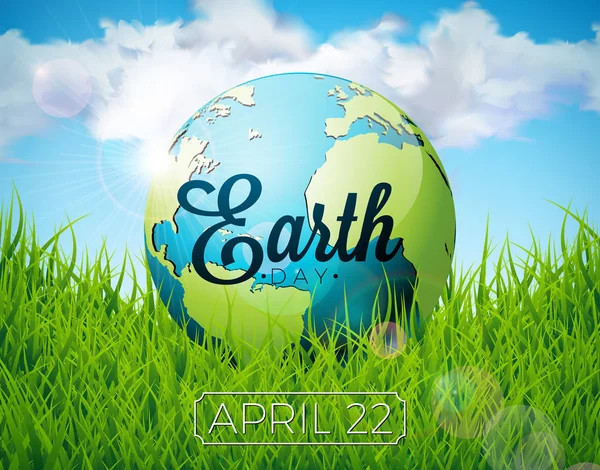 Earth Day illustration with planet and lettering. World map background on april 22 environment concept. Vector design for banner, poster or greeting card. — Stock Vector