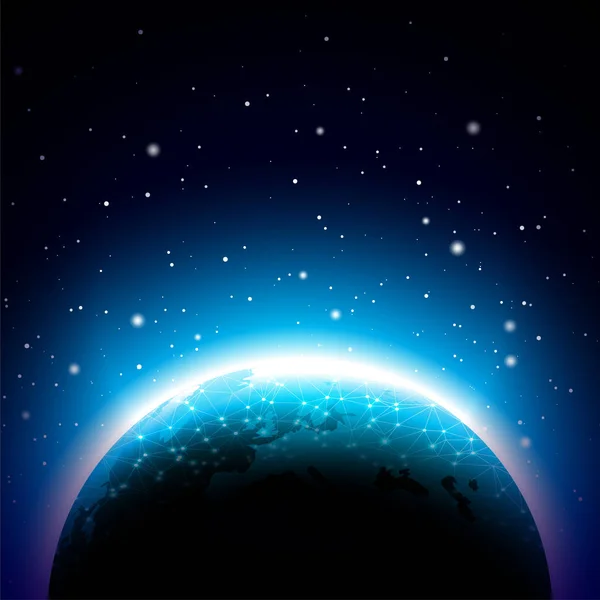 蓝色行星是地球的例证。世界地图或全球背景概念。横幅、海报或贺卡的矢量设计. — 图库矢量图片