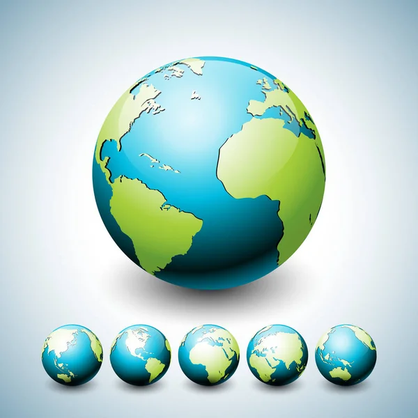 地球地球仪插图与行星在六变化。世界地图图标或符号设计收集环境概念。横幅、海报或贺卡的矢量设计. — 图库矢量图片