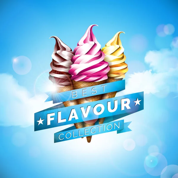 Ice cream illustration med läcker dessert och märkta band på blå himmel bakgrund. Vektor designmall för reklam banner eller affisch med vanilj, choklad, punsch. — Stock vektor