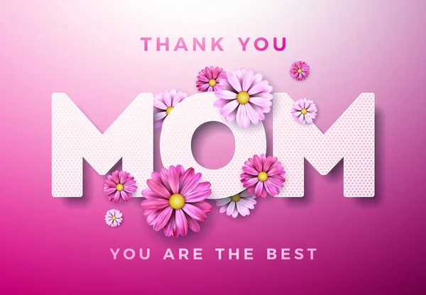 Çiçekli mutlu anneler günü tebrik kartı tasarımı ve pembe zemin üzerinde "Teşekkür ederim anne" yazıları. Pankart, el ilanı, davetiye, broşür, poster için Vektör Kutlama Şablonu. — Stok Vektör