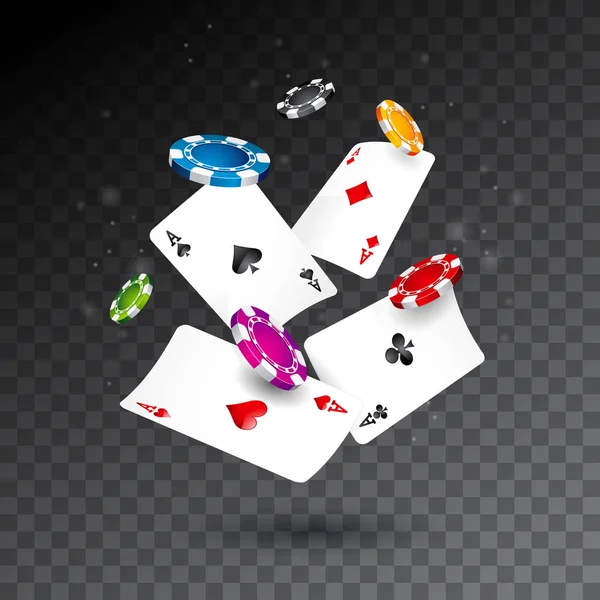 Realistische Darstellung fallender Casino-Chips und Pokerkarten auf transparentem Hintergrund. Vektor-Glücksspiel-Konzeption. — Stockvektor