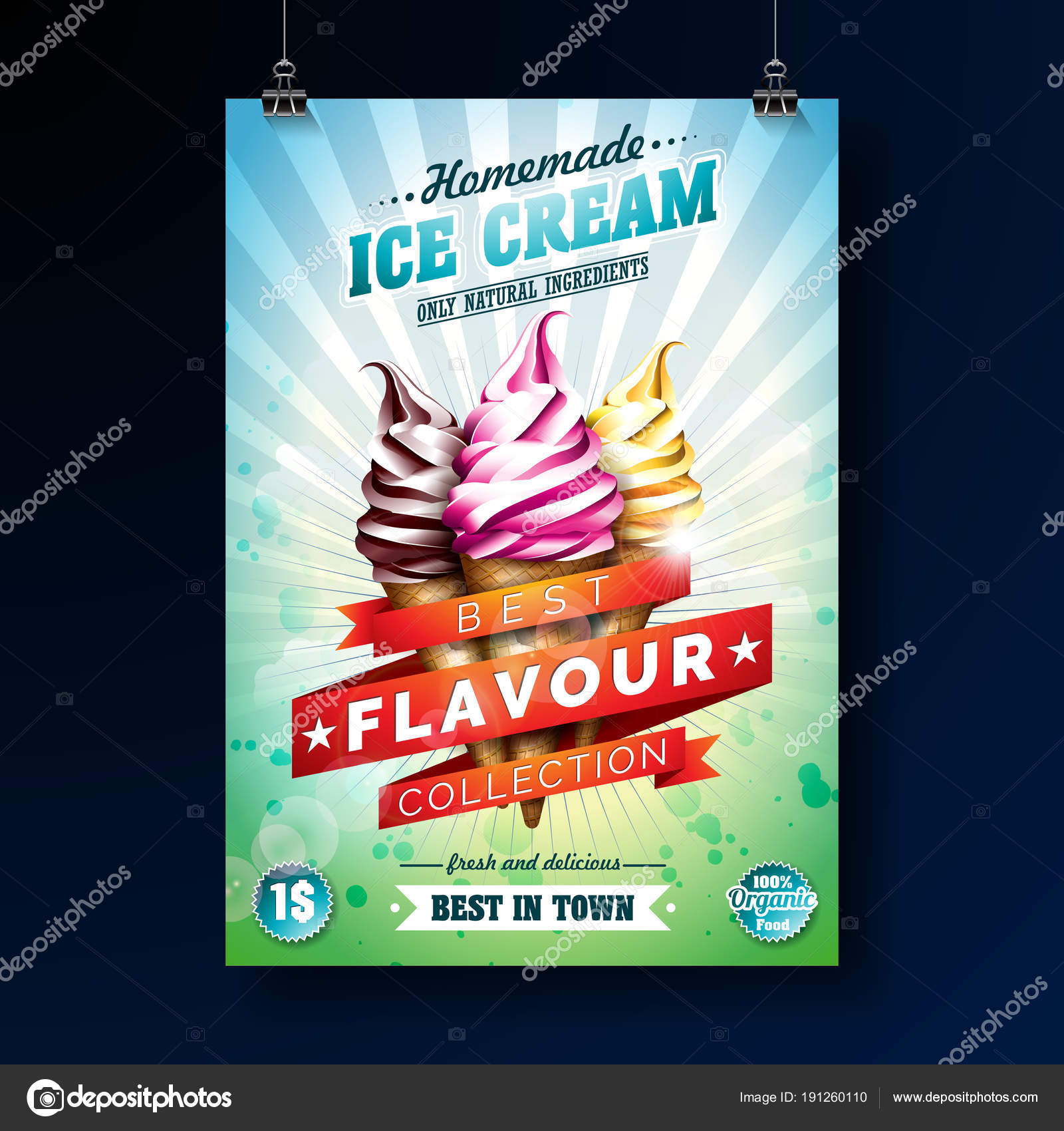 Ice cream Poster design with delicious dessert and labelled ribbon on fresh  green background. Vector design template for promotional banner or flyer  with vanilla, chocolate, punch. Stock Vector Image by ©_articular_  #191260110