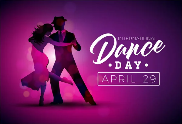 Mezinárodní den tance vektorové ilustrace s tango taneční pár na fialovém pozadí. Design šablony pro banner, leták, pozvánku, brožuru, plakát nebo přání. — Stockový vektor