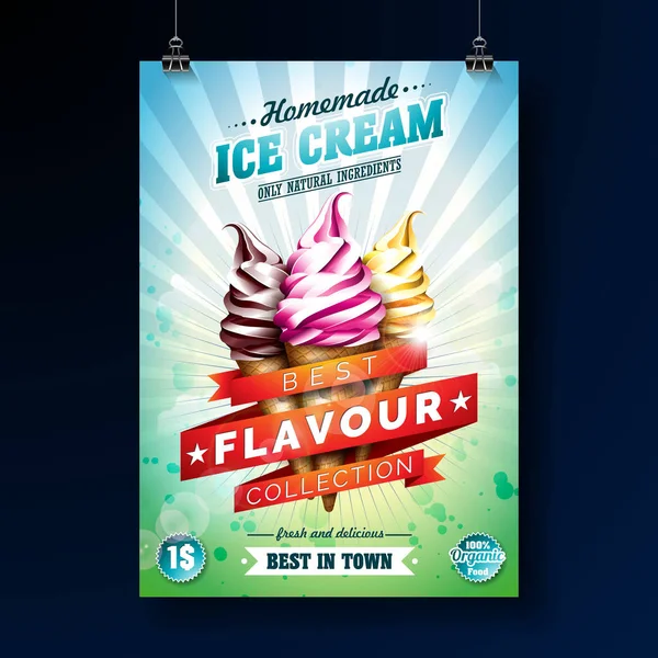 Ice cream affisch design med läcker dessert och märkt bandet på färsk grön bakgrund. Vektor designmall för reklam banner eller reklamblad med vanilj, choklad, punsch. — Stock vektor