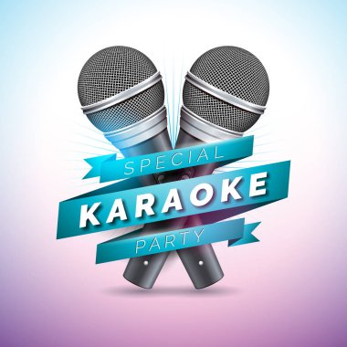 Mikrofon ve menekşe arkaplan şeritli Karaoke Partisi temalı Vektör Flyer illüstrasyonuName.