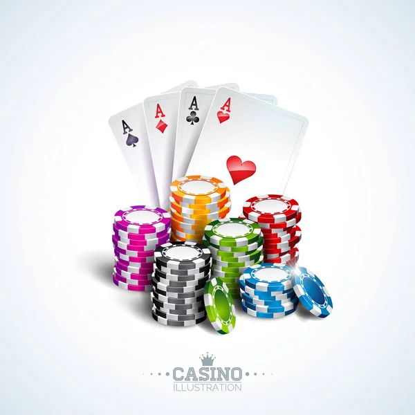 Vektorová ilustrace na téma kasina s pokerovými kartami a hraním žetonů na bílém pozadí. Hazardní hry design pro pozvání nebo promo banner. — Stockový vektor
