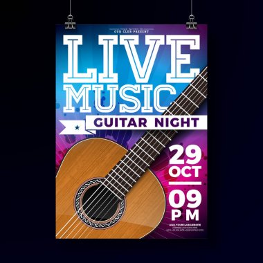 Grunge arka planında akustik gitar olan canlı müzik broşürü tasarımı. Davetiye posteri, tanıtım afişi, broşür veya tebrik kartı için vektör illüstrasyon şablonu.