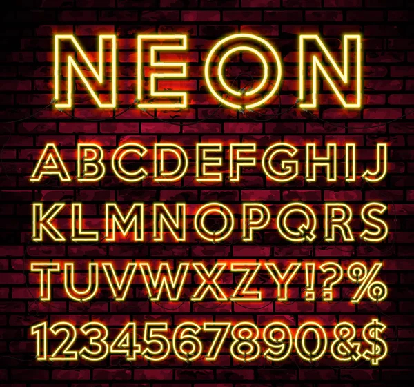 Alfabeto de néon brilhante no fundo da parede de tijolo escuro. Número de vetor e símbolo com efeito de brilho brilhante . — Vetor de Stock