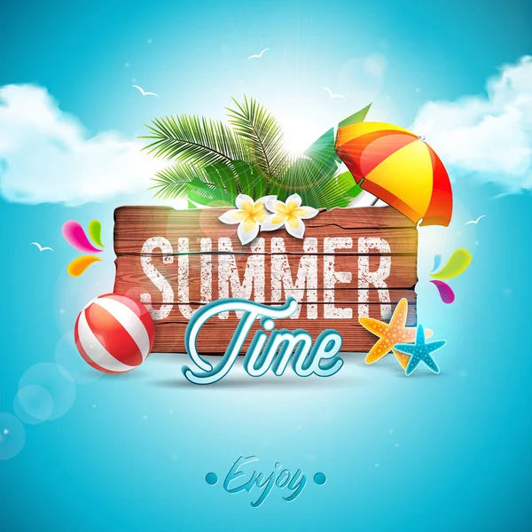 Vector Summer Time Illustrazione tipografica delle vacanze su fondo vintage in legno. Piante tropicali, fiori, beach ball e ombrellone con cielo azzurro nuvoloso. Modello di design per banner, volantino, invito — Vettoriale Stock