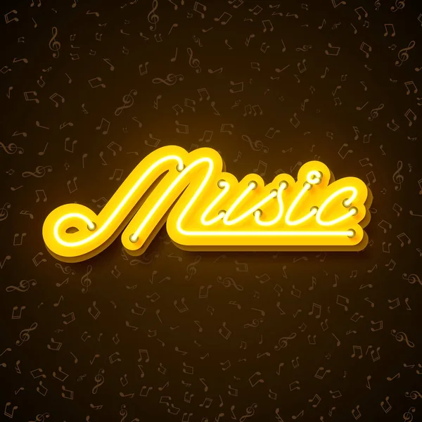 Music illustration with neon sign. Shiny signboard letter on note texture background. Design template for decoration, cover, flyer or promotional party poster. — Stock Vector