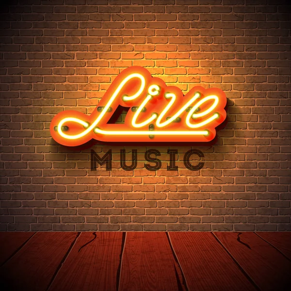 Live-Musik Neon-Reklame mit 3D-Schild Buchstabe auf Backsteinwand Hintergrund. Designvorlage für Dekoration, Cover, Flyer oder Werbeplakat. — Stockvektor