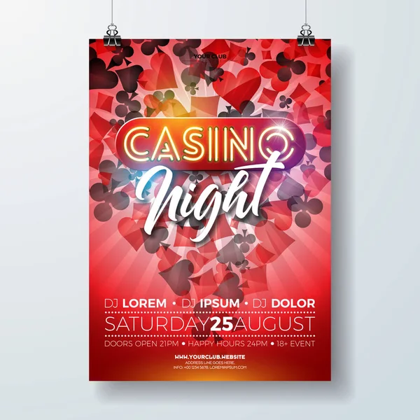 Ilustración de folleto nocturno de Vector Casino con elementos de diseño de juego y letras de luz de neón brillante sobre fondo rojo. Plantilla cartel invitación lujo . — Archivo Imágenes Vectoriales