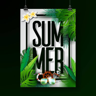 Beyaz arka plan üzerinde vektör yaz tatili tipografik çizim. Tropikal bitki, çiçek, güneş gözlüğü ve deniz öğeleri. Tasarım poster şablonu için başlık sayfası, afiş, davetiye, broşür veya tebrik