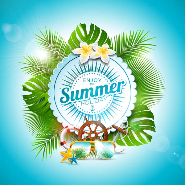 Vector njuta av sommar typografiska illustrationen på vita badge och tropiska växter bakgrund. Blomma, solglasögon och marina inslag med blå himmel. Formgivningsmall för banner, flyer — Stock vektor