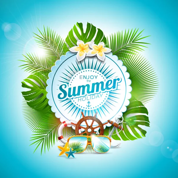 Vector Disfrute de la ilustración tipográfica Summer Holiday sobre la insignia blanca y el fondo de las plantas tropicales. Flores, gafas de sol y elementos marinos con cielo azul. Plantilla de diseño para banner, volante — Vector de stock