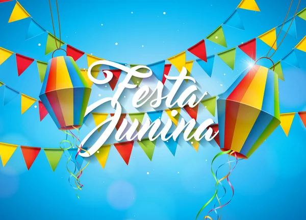 Ilustración de Festa Junina con banderas de fiesta y linterna de papel sobre fondo amarillo. Vector Brasil Festival de junio Diseño para tarjeta de felicitación, invitación o cartel de vacaciones. — Archivo Imágenes Vectoriales