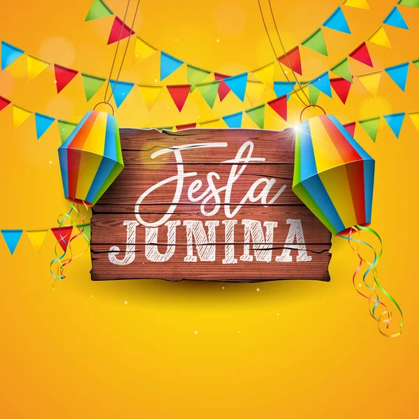 Ilustración de Festa Junina con banderas de fiesta y linterna de papel sobre fondo amarillo. Vector Brasil Festival de junio Diseño para tarjeta de felicitación, invitación o cartel de vacaciones. — Archivo Imágenes Vectoriales