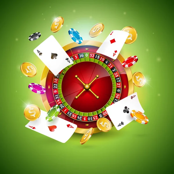 Illustrazione vettoriale su un tema da casinò con ruota della roulette, carte da poker e chip da gioco su sfondo verde. Gioco d'azzardo design per invito o banner promozionale . — Vettoriale Stock