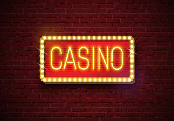 Casino Leuchtreklame Illustration auf Backsteinwand Hintergrund. Vektor-Lichtbanner oder helles Schilderdesign. — Stockvektor