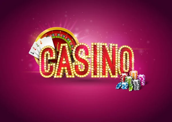 Casino-Illustration mit Roulette-Rad, Pokerkarten, Spielchips und Beleuchtungstafeln auf rotem Hintergrund. Glücksspiel-Design für Parteiplakate, Grußkarten, Einladungen oder Werbebanner. — Stockvektor