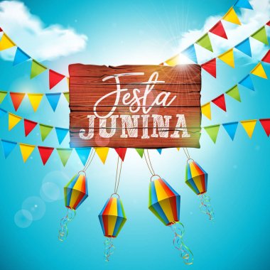 Parti Bayrakları ve Mavi Bulutlu Gökyüzü Arkaplanı Üzerine Kağıt Fenerli Festa Junina Illustration. Vektör Brezilya Haziran Festivali Kutlama Kartı, Davetiye veya Tatil Posteri Tasarımı.