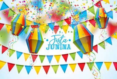 Festa Junina illüstrasyon parti bayrakları ve Almadıysan beyaz arka plan ile. Vektör Brezilya June Festivali tasarımı tebrik kartı, davet veya tatil Poster.